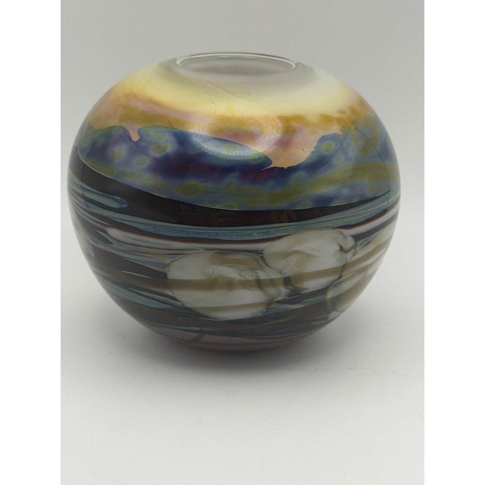 Rick Miller 1983 Signed Studio Art Glass Landscape Orb Vase Terrestrial World 5"
